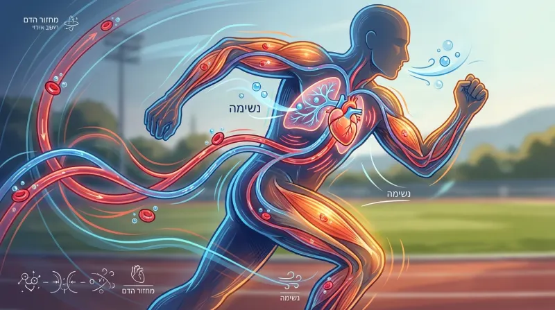 איור של אדם רץ המדגים את פעילות מערכת הדם, הלב והנשימה בזמן מאמץ גופני