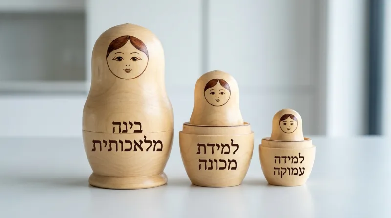 שלוש בובות מטריושקה בגדלים שונים הממחישות את ההיררכיה בין בינה מלאכותית (הגדולה), למידת מכונה (הבינונית) ולמידה עמוקה (הקטנה)