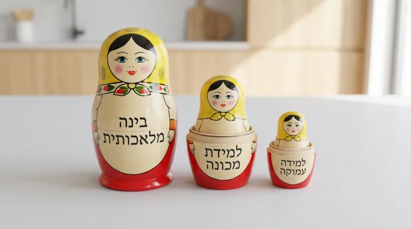 שלוש בובות מטריושקה בגדלים שונים, כאשר הגדולה מייצגת "בינה מלאכותית", האמצעית "למידת מכונה" והקטנה "למידת עמוקה"