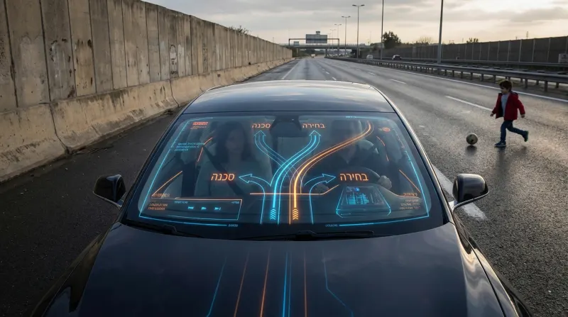 תצוגה עילית (HUD) ברכב המדגימה מערכת למניעת תאונות עם ילד שרץ לכביש.