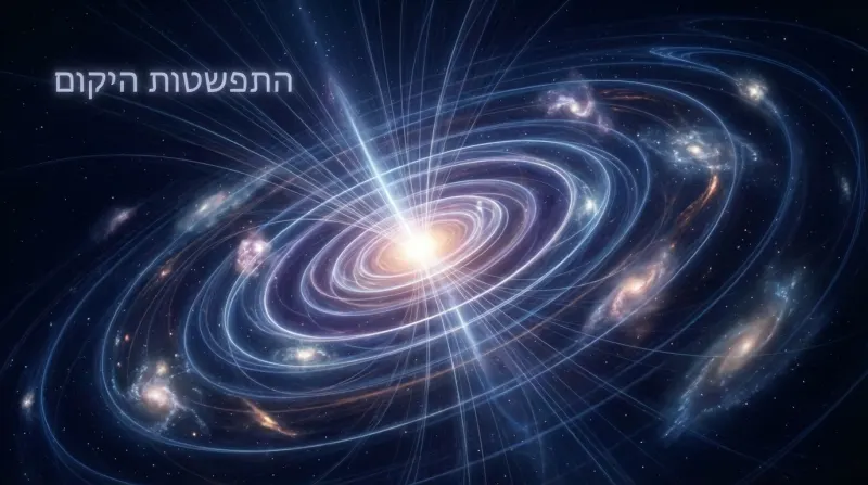 אילוסטרציה קוסמית המציגה את התפשטות היקום ממקור אור מרכזי, עם גלקסיות וקווי כוח מעגליים