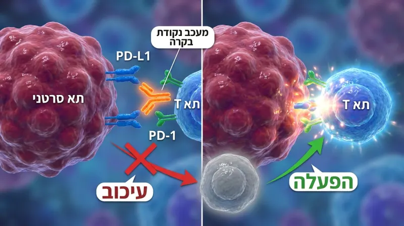 דיאגרמה הממחישה את מנגנון הפעולה של אימונותרפיה בעזרת מעכבי נקודות בקרה, על ידי חסימת האינטראקציה בין PD-1 ל-PD-L1 והפעלת תאי T נגד תא סרטני.