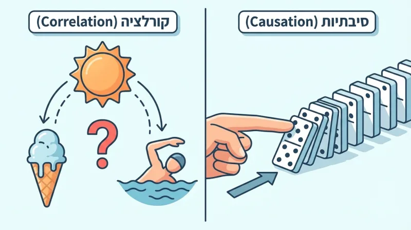 איור הממחיש את ההבדל בין קורלציה (מתאם) לסיבתיות. בצד שמאל, תחת הכותרת "קורלציה", מוצגים שמש, גלידה ושחיין עם סימן שאלה ביניהם, המדגיש קשר ללא סיבה ישירה. בצד ימין, תחת הכותרת "סיבתיות", יד דוחפת אבן דומינו הגורמת לנפילת שאר האבנים, המדגים קשר של סיבה ותוצאה.
