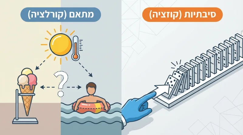איור הסבר גרפי על ההבדל בין מתאם (קורלציה) לסיבתיות (קוזציה), עם דוגמאות של אכילת גלידה ושחייה בקיץ לעומת שרשרת נפילת אבני דומינו.