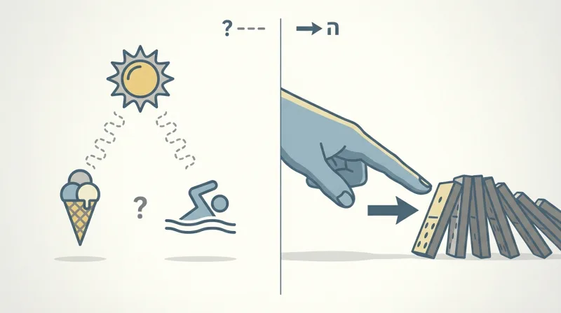 איור הממחיש את ההבדל בין קורלציה (קשר בין גלידה ושחייה המושפע מגורם שלישי - השמש) לבין סיבתיות (יד מפילה אבני דומינו)