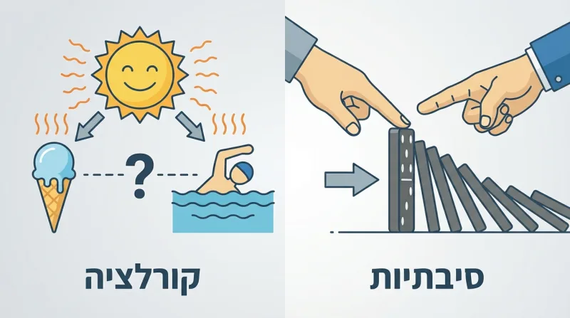 איור הסבר בעברית הממחיש את ההבדל בין קורלציה לסיבתיות באמצעות דוגמאות של שמש, גלידה ושחייה לעומת אפקט הדומינו