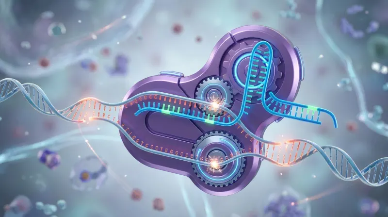 מודל תלת-ממדי הממחיש את טכנולוגיית CRISPR-Cas9 לעריכה גנטית, מראה את האנזים Cas9 (בסגול) חותך גדיל DNA בסיוע RNA מנחה (בכחול).