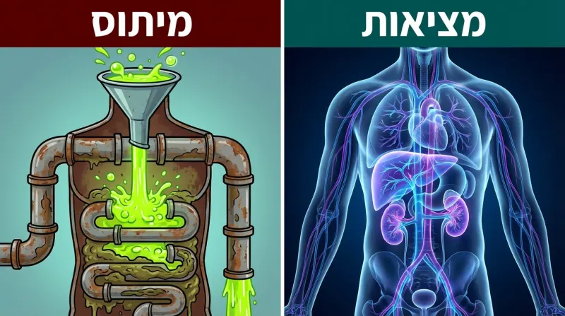 אינפוגרפיקה המשווה בין מיתוס למציאות לגבי גוף האדם. בצד שמאל (מיתוס) גוף עשוי צינורות חלודים עם נוזל ירוק רעיל, ובצד ימין (מציאות) גוף אדם שקוף עם איברים פנימיים בריאים וזוהרים.