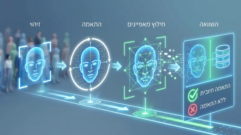 תרשים הממחיש את ארבעת שלבי תהליך טכנולוגיית זיהוי פנים: זיהוי, התאמה, חילוץ מאפיינים והשוואה.