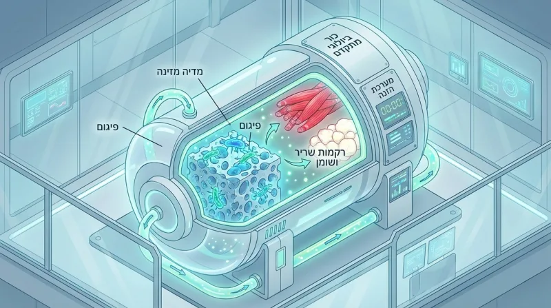 איור של כור ביולוגי מתקדם לגידול בשר מתורבת, המראה את תהליך יצירת רקמות שריר ושומן מפיגום ומדיה מזינה.