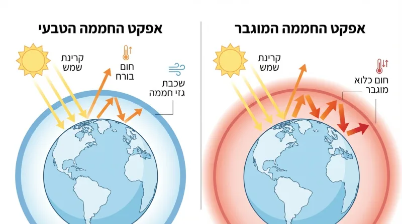 אינפוגרפיקה המשווה בין אפקט החממה הטבעי לאפקט החממה המוגבר. הצד השמאלי מציג את המצב הטבעי עם שכבת גזי חממה דקה וחום בורח, בעוד הצד הימני מציג שכבה עבה יותר, חום כלוא מוגבר והתחממות של כדור הארץ.