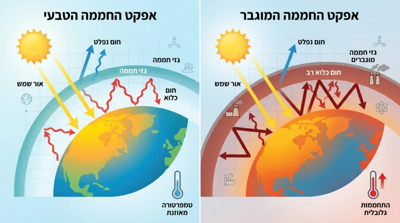 איור השוואתי המציג את אפקט החממה הטבעי עם טמפרטורה מאוזנת לעומת אפקט החממה המוגבר הנגרם על ידי פליטת גזי חממה מוגברת ומוביל להתחממות גלובלית.