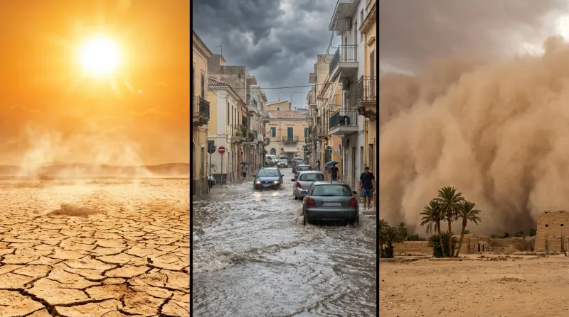 קולאז' תמונות המציג אירועי מזג אוויר קיצוני: אדמה סדוקה מבצורת, רחוב עירוני מוצף וסופת חול מתקרבת.