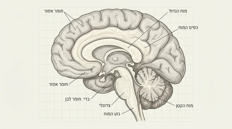 תרשים אנטומי של חתך המוח האנושי עם תוויות בעברית המצביעות על חלקים עיקריים.