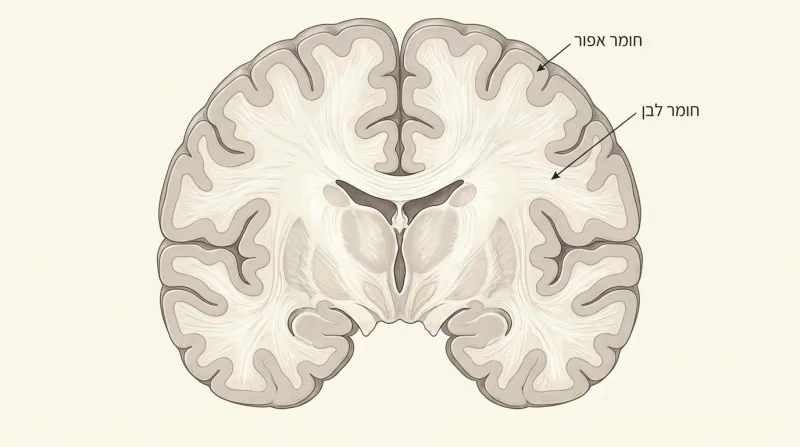 איור אנטומי: חתך רוחב של מוח האדם המדגים את החומר האפור והחומר הלבן