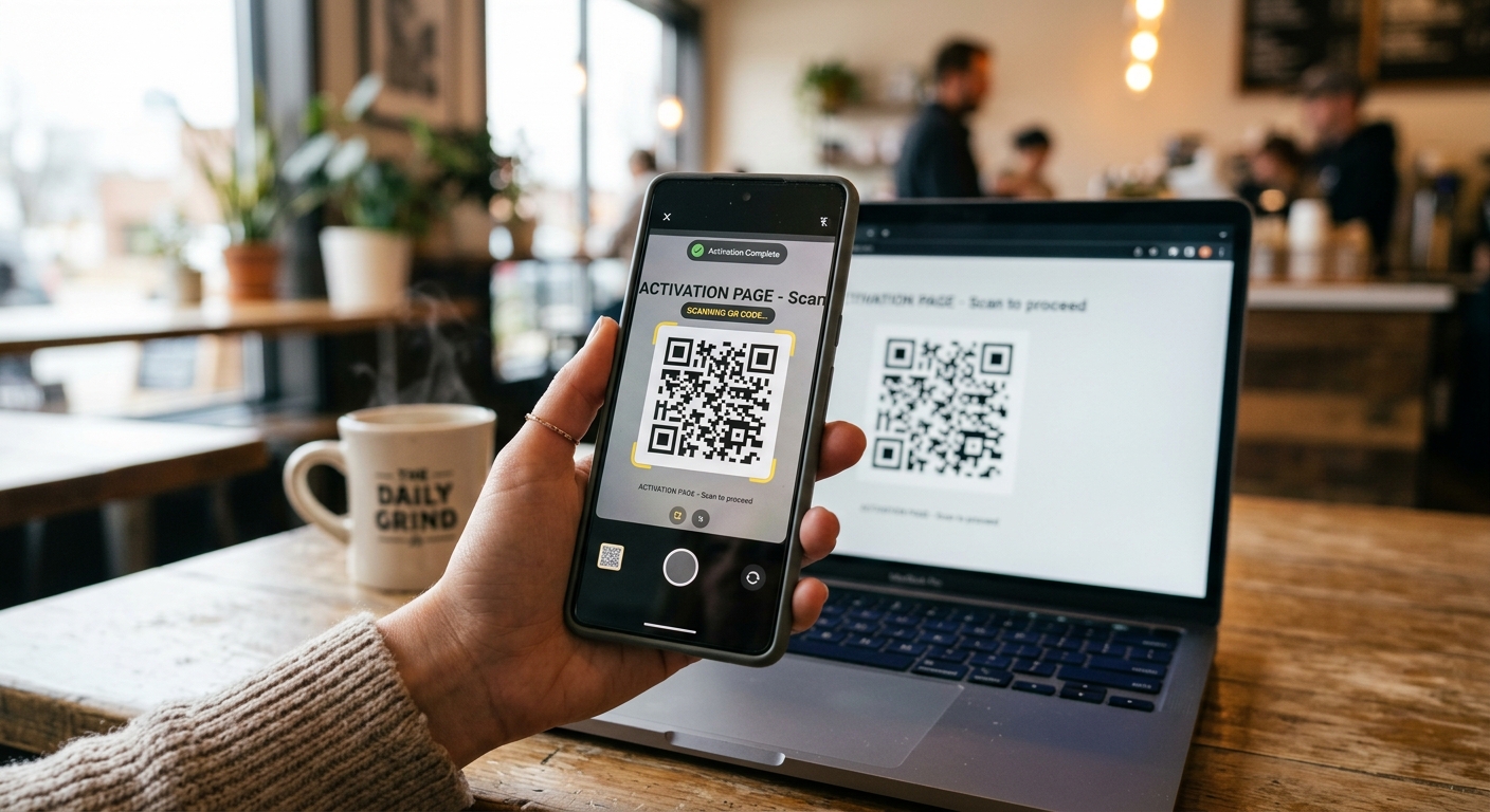 אדם סורק קוד QR באמצעות סמארטפון ממסך של מחשב נייד בבית קפה
