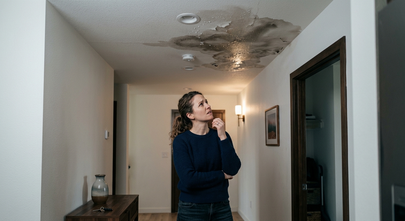 אישה מודאגת מתבוננת בנזילת מים וכתם רטיבות גדול בתקרת הבית