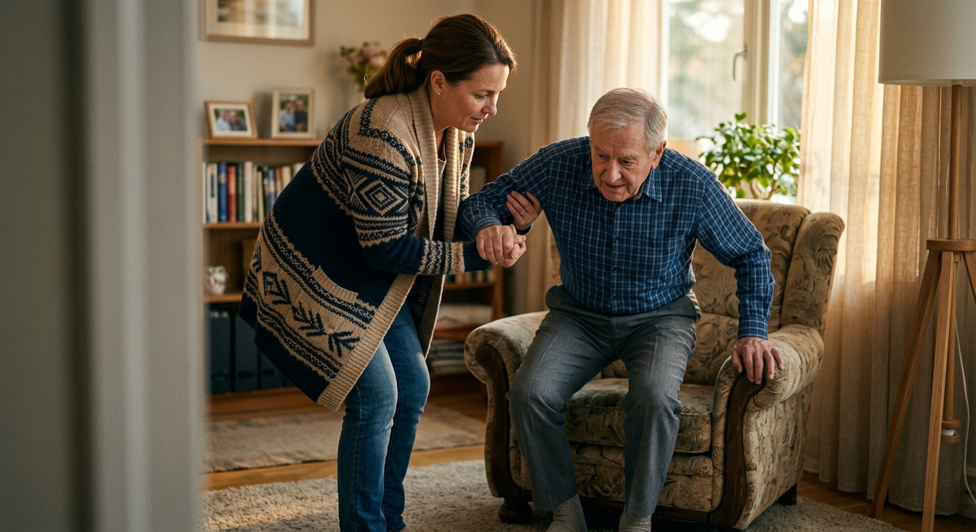 אישה מסייעת לגבר קשיש לקום מכורסה בסלון הבית, המחשה של טיפול וסיעוד קשישים