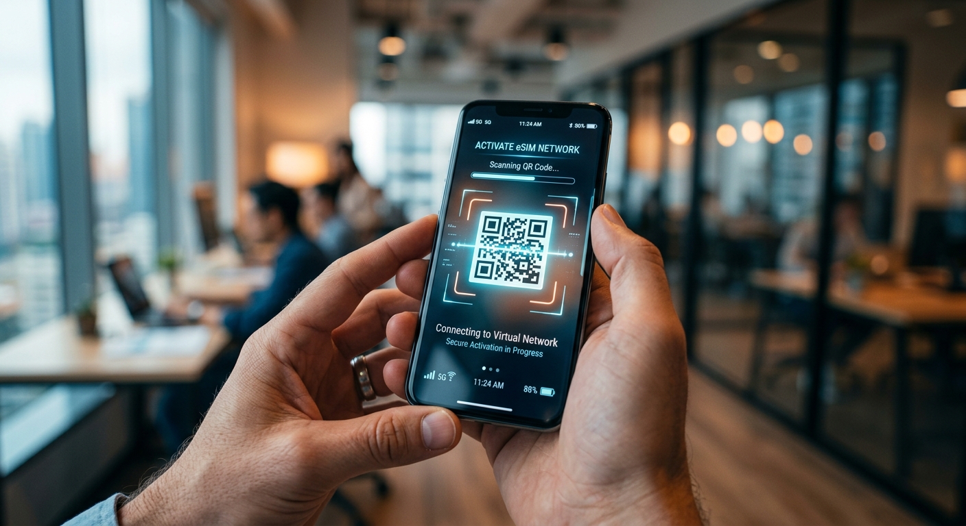 ידיים מחזיקות סמארטפון שסורק קוד QR לצורך הפעלת רשת eSIM בסביבה משרדית