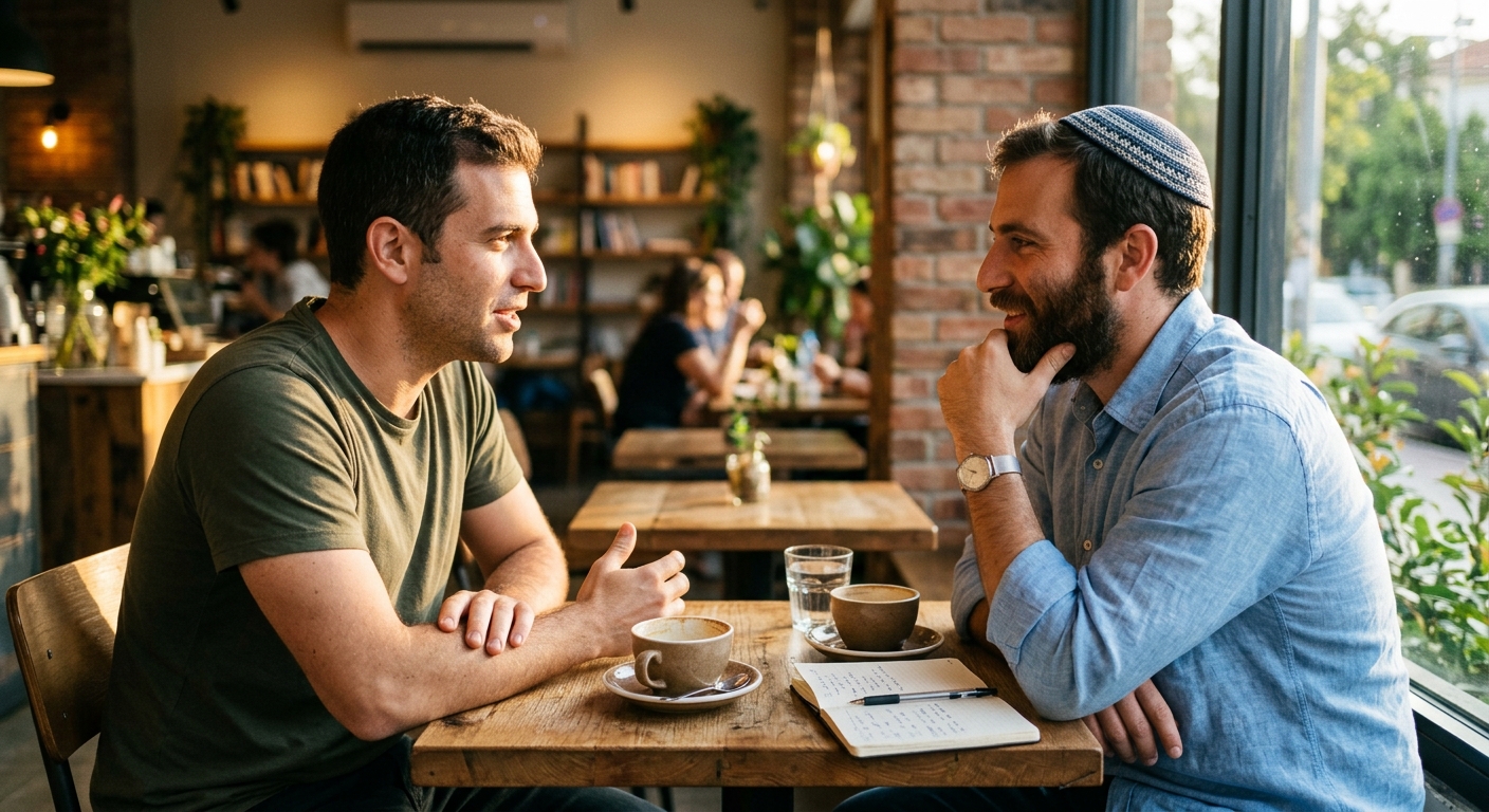 שני גברים, חילוני ודתי חובש כיפה, משוחחים ליד שולחן עץ בבית קפה עם ספלי קפה ומחברת פתוחה.