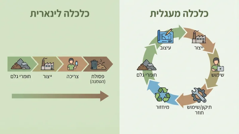 אינפוגרפיקה המשווה בין כלכלה לינארית ("קח-השתמש-זרוק") לכלכלה מעגלית המבוססת על מחזוריות, עיצוב מחדש, תיקון ומיחזור.