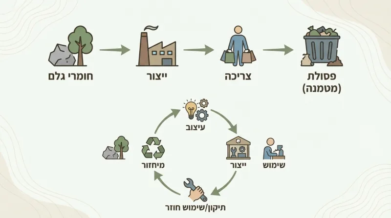 תרשים השוואה בין מודל כלכלה ליניארית (קח-השתמש-זרוק) למודל כלכלה מעגלית בר-קיימא (שימוש חוזר, תיקון, מיחזור)