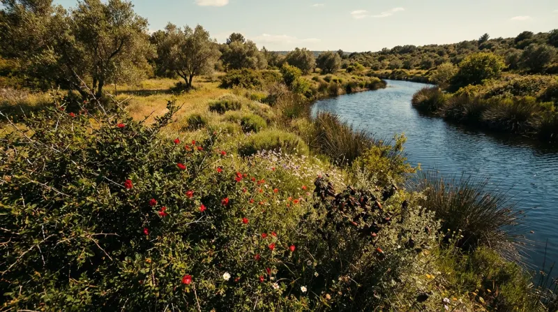 צילום טבע נופי של נהר מתפתל בין גדות ירוקות, שיחים עם פרחים אדומים ועצים ברקע.