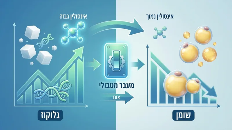 תרשים הממחיש את המעבר המטבולי המתרחש בעת צום: מעבר ממצב של אינסולין וגלוקוז גבוהים (אגירת שומן) למצב של אינסולין נמוך ושריפת שומן לאנרגיה.