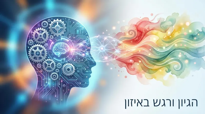 תמונה הממחישה את האיזון בין הגיון ורגש. ראש אדם מחולק: צד שמאל מכני עם גלגלי שיניים, מעגלים ומוח זוהר, צד ימין צבעוני עם עשן וצבעי מים. הטקסט "הגיון ורגש באיזון" מופיע בתחתית.