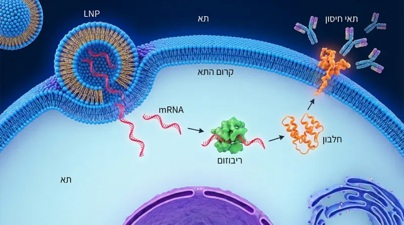 מנגנון הפעולה של חיסון mRNA: חלקיק LNP מחדיר mRNA לתא, הריבוזום מייצר חלבון, והחלבון מפעיל את מערכת החיסון.