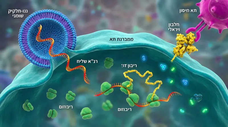 איור מדעי המתאר את מנגנון הפעולה של חיסון mRNA: ננו-חלקיק שומני מעביר רנ"א שליח לתא, ריבוזומים מייצרים חלבון ויראלי שמוצג לתא חיסון.