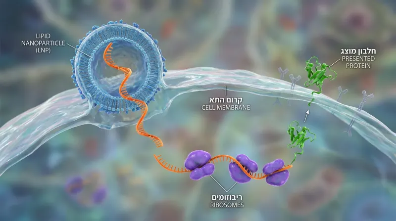 תרשים מנגנון הפעולה של חיסון mRNA בתוך התא, המדגים את כניסת ה-mRNA, תרגומו לחלבון על ידי ריבוזומים, והצגת החלבון על קרום התא.