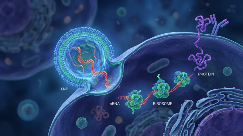 איור מדעי המדגים את מנגנון הפעולה של mRNA בתוך התא: חלקיק שומני (LNP) מחדיר mRNA, אשר מתורגם לחלבון (Protein) על ידי ריבוזומים (Ribosomes).