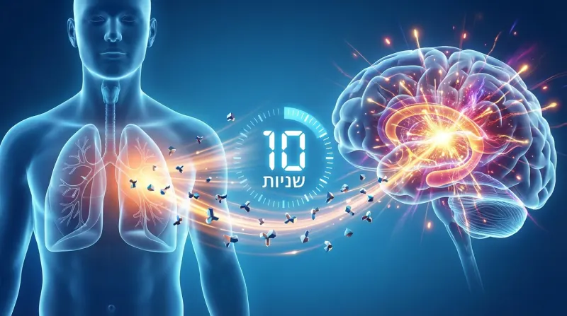 אילוסטרציה רפואית המציגה את הקשר המהיר בין הריאות למוח, עם חלקיקים זרחניים נעים ביניהם וטיימר המורה על 10 שניות.