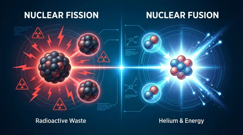 אינפוגרפיקה המשווה בין ביקוע גרעיני (Nuclear Fission) והיתוך גרעיני (Nuclear Fusion), המציגה את תהליך פיצול האטום והיווצרות פסולת רדיואקטיבית לעומת מיזוג אטומים ליצירת הליום ואנרגיה.