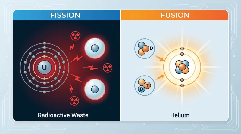תרשים השוואה בין תהליכי ביקוע גרעיני (Fission) והיתוך גרעיני (Fusion), המראה את פיצול אטום האורניום ליצירת פסולת רדיואקטיבית לעומת מיזוג דאוטריום וטריטיום ליצירת הליום ואנרגיה.