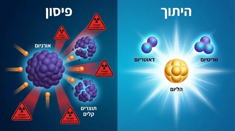 דיאגרמה המשווה בין תהליך הפיסון הגרעיני (ביקוע) לבין תהליך ההיתוך הגרעיני (מיזוג), תוך הצגת החומרים המגיבים, התוצרים והפסולת הרדיואקטיבית.