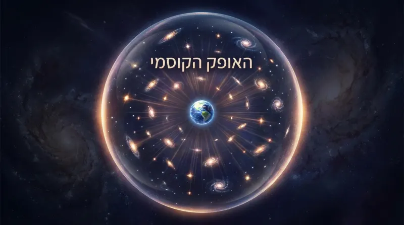 אילוסטרציה של האופק הקוסמי: כדור הארץ במרכז כדור מואר המכיל גלקסיות ואור, עם הכיתוב "האופק הקוסמי" בעברית.