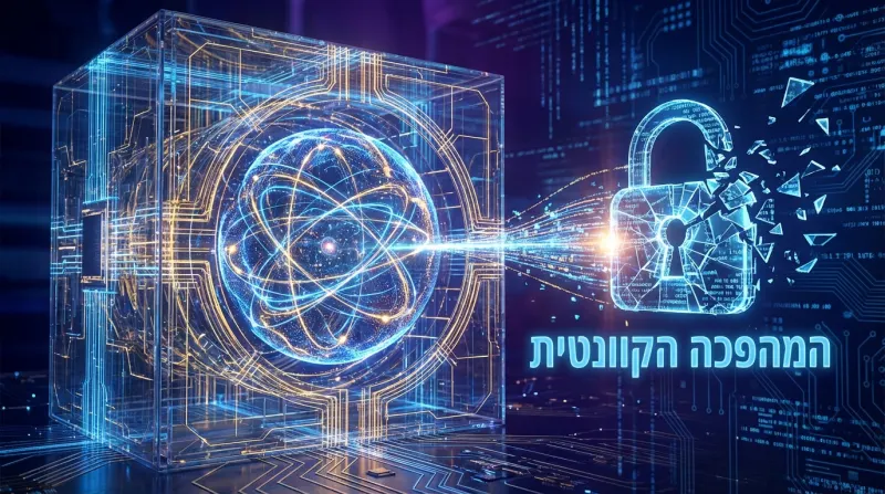 אילוסטרציה דיגיטלית של מחשב קוונטי בתוך קובייה שקופה ולידו מנעול דיגיטלי שבור, עם הכיתוב 'המהפכה הקוונטית'