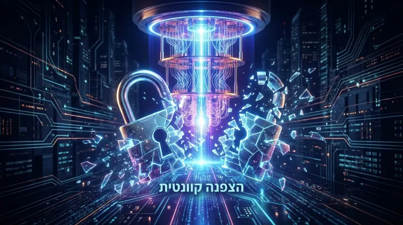 אילוסטרציה של הצפנה קוונטית: מחשב קוונטי עתידני ומנעולים דיגיטליים מתנפצים.