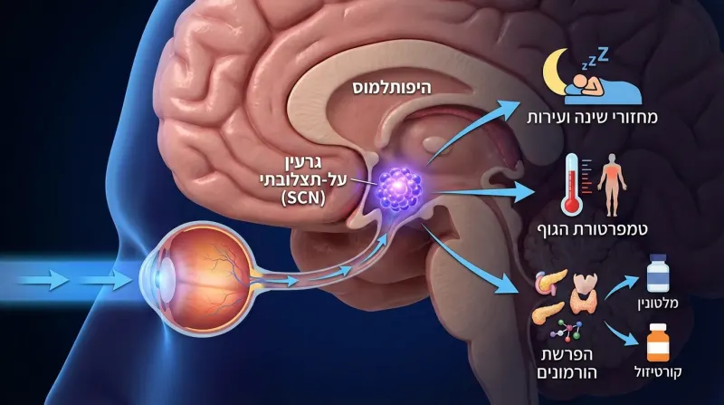 איור של המוח האנושי המדגים את פעולת השעון הביולוגי. האור הנקלט בעין משפיע על הגרעין העל-תצלובתי (SCN) בהיפותלמוס, אשר בתורו מווסת את מחזורי השינה והעירות, טמפרטורת הגוף, והפרשת הורמונים כמו מלטונין וקורטיזול.