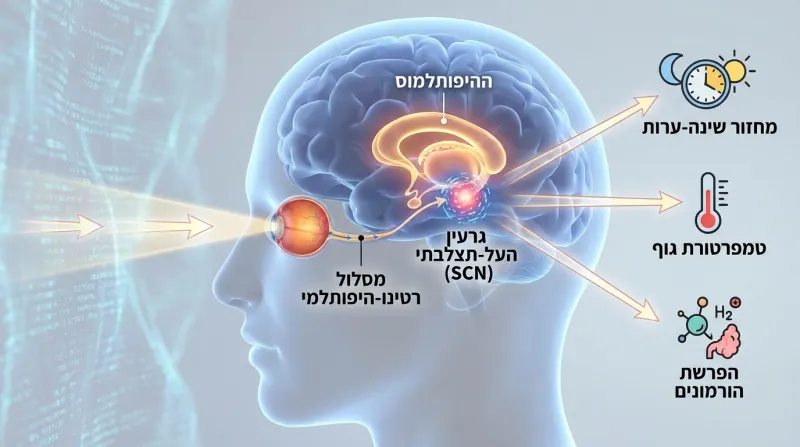 תרשים אנטומי המתאר את מנגנון השעון הביולוגי במוח האדם. האיור מציג כיצד אור הנקלט בעין עובר דרך המסלול הרטינו-היפותלמי אל גרעין העל-תצלובתי (SCN) בהיפותלמוס, ומשם מווסת את מחזור השינה-ערות, טמפרטורת הגוף והפרשת ההורמונים.