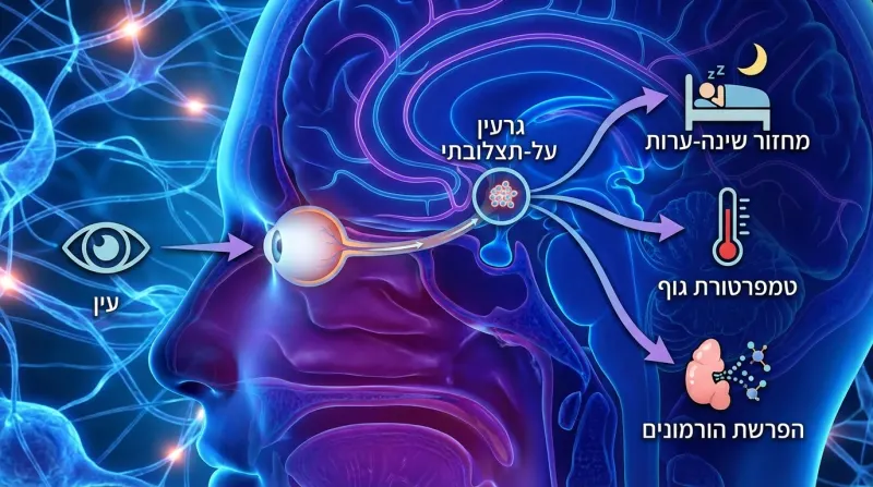 תרשים מוח המדגים את תפקיד הגרעין העל-תצלובתי בויסות השעון הביולוגי