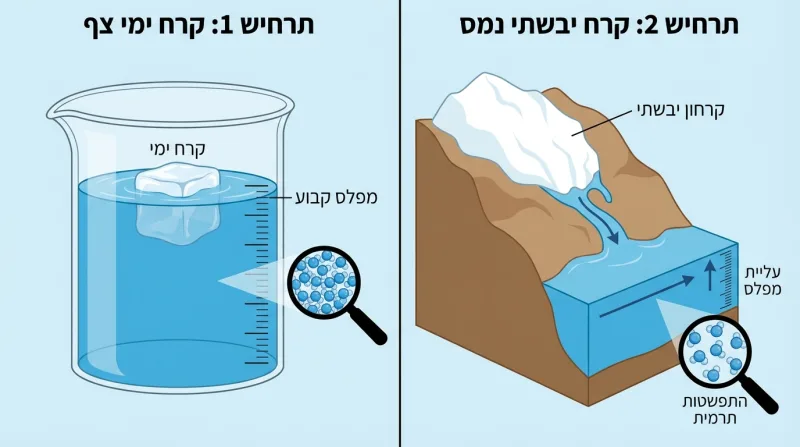 איור השוואתי המדגים את השפעת המסת קרח ימי צף לעומת המסת קרח יבשתי על מפלס המים.
