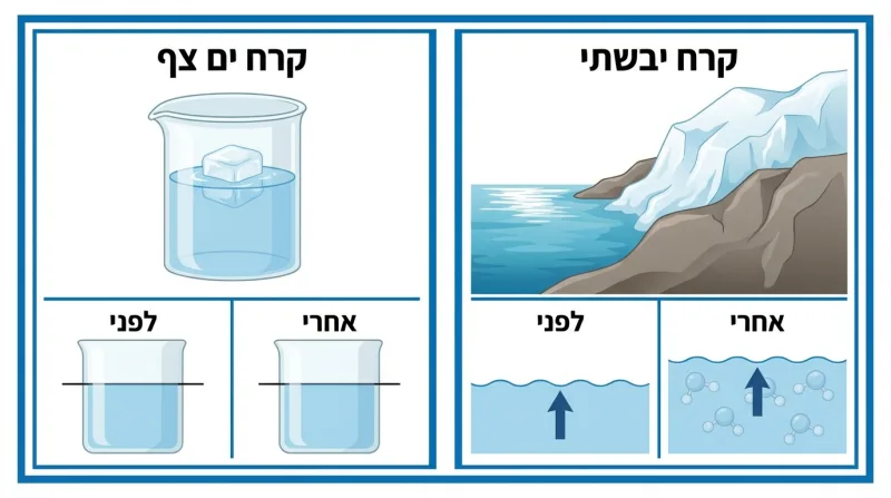 איור המדגים את ההבדל בין השפעת המסת קרח ים צף לבין המסת קרח יבשתי על מפלס פני הים.