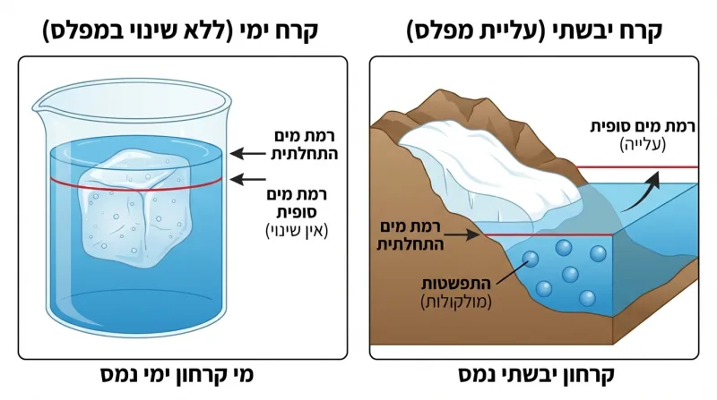 אינפוגרפיקה המשווה בין השפעת המסת קרחון ימי (ללא שינוי במפלס) לבין המסת קרחון יבשתי (עליית מפלס הים) בהקשר של התחממות גלובלית