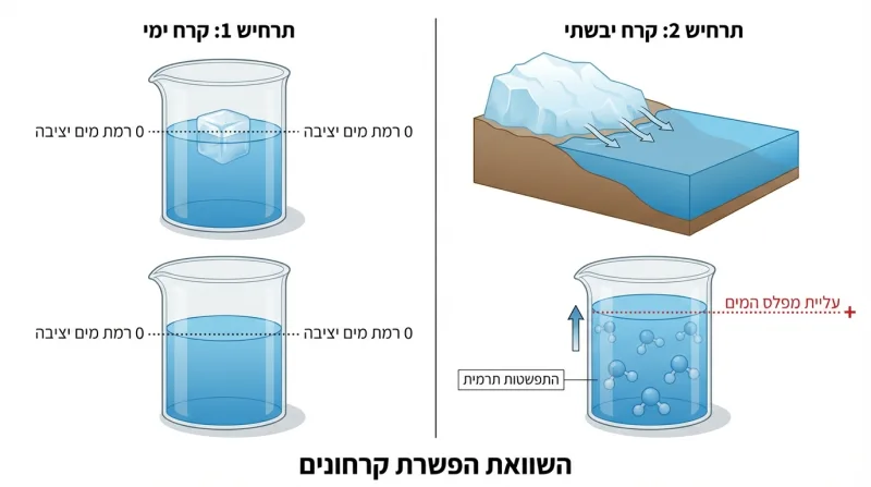 איור המשווה בין השפעת הפשרת קרח ימי וקרח יבשתי על מפלס פני הים, עם כותרות בעברית לכל תרחיש.