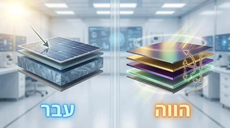 איור השוואתי של טכנולוגיית פאנלים סולאריים: עבר מול הווה.