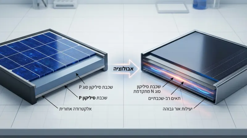 המחשה ויזואלית של אבולוציית הפאנלים הסולאריים, המציגה השוואה בין מבנה של תא סולארי סטנדרטי מסוג P לבין תא רב-שכבתי מתקדם מסוג N בעל יעילות גבוהה.