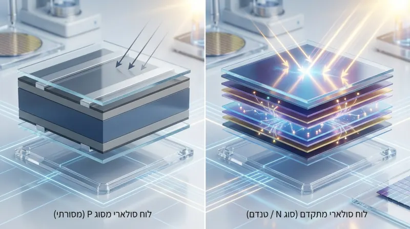 השוואה ויזואלית בין מבנה של לוח סולארי מסורתי מסוג P לבין לוח סולארי מתקדם מסוג N או טנדם, המראה את השכבות והיעילות